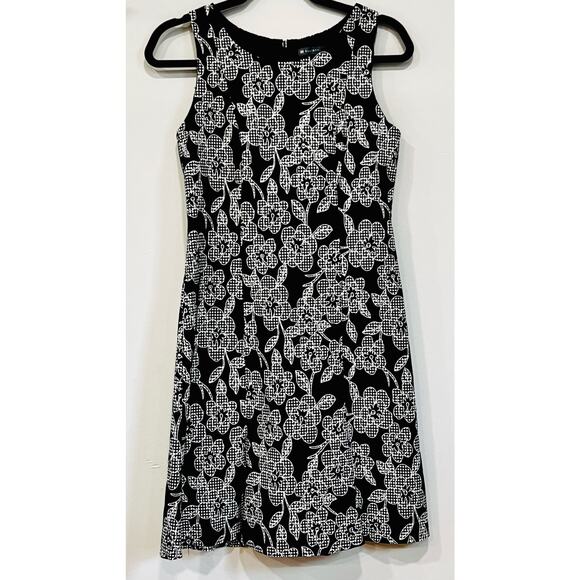Size 6 ELLIOTT LAUREN Lightweight Black & White Flower Checked Sleeveless Dress - Picture 1 of 7